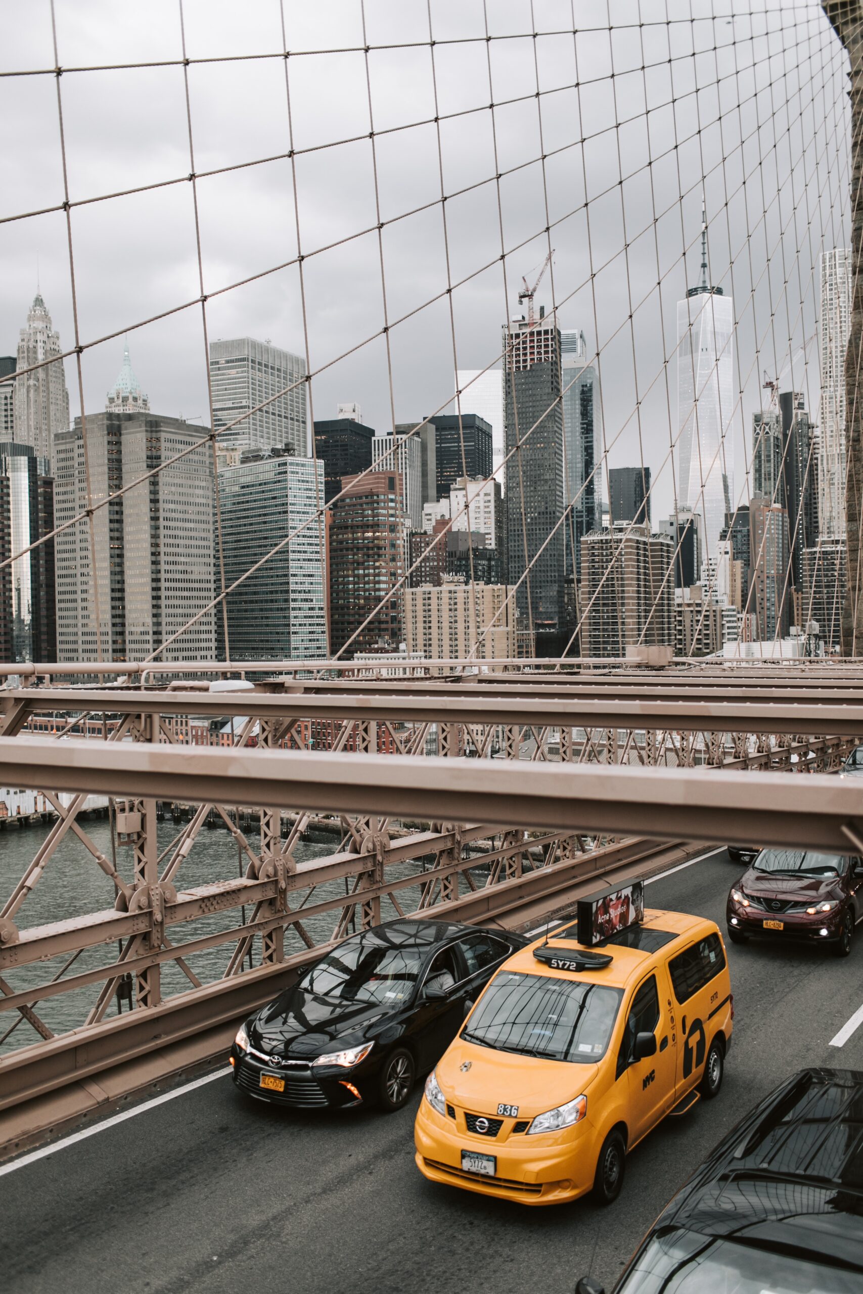 Brooklyn Bridge and taxi